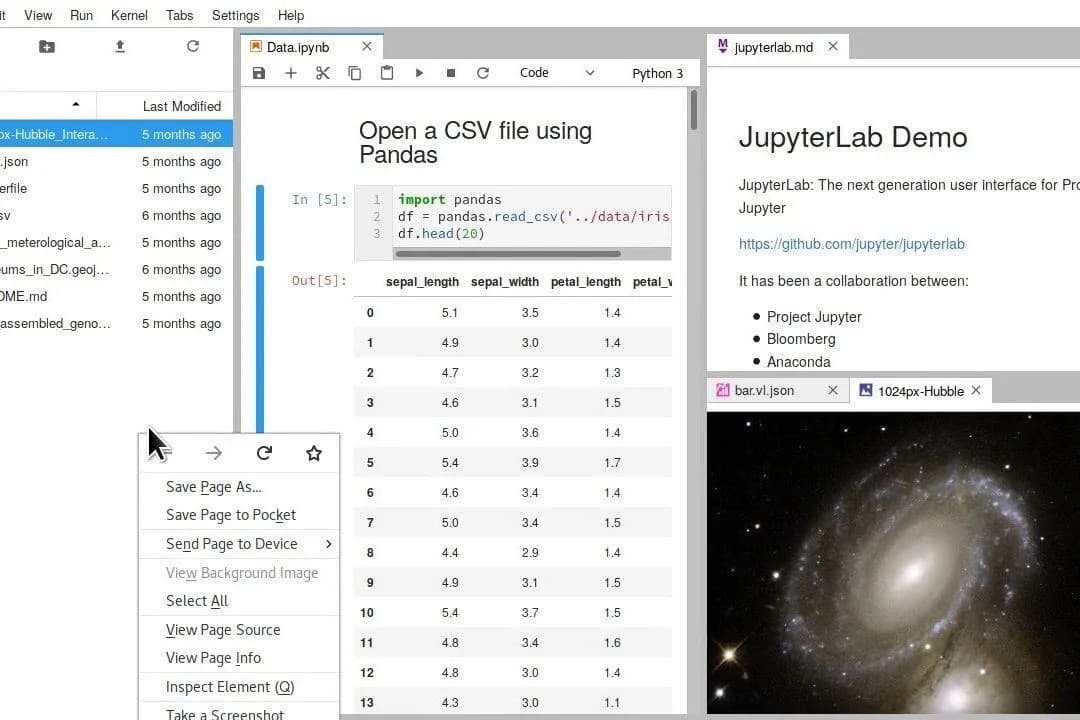Screenshot of a JupyterLab interface showing multiple tabs open, including a Python notebook loading a CSV file with Pandas, a markdown file describing a JupyterLab demo, and an image of a galaxy. The interface displays organized panels for code, text, and data visualization.