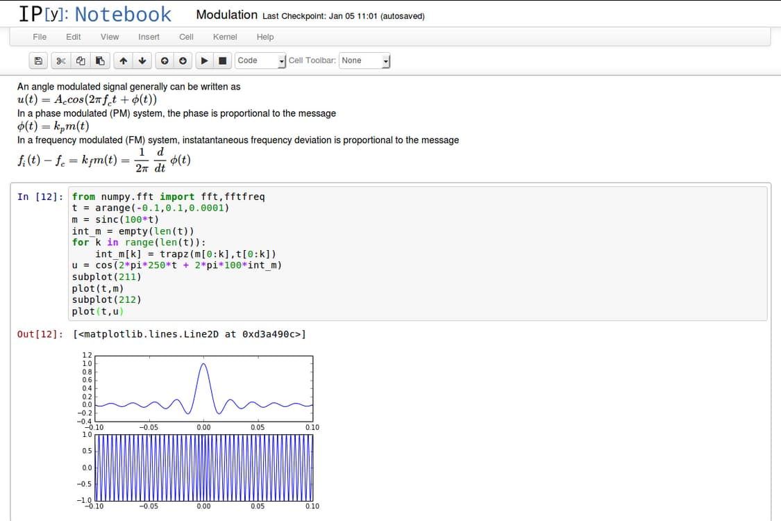 Screenshot of a Jupyter Notebook showing Python code for generating and visualizing a modulated signal using NumPy and Matplotlib. The notebook includes equations for phase and frequency modulation with corresponding plotted waveforms.