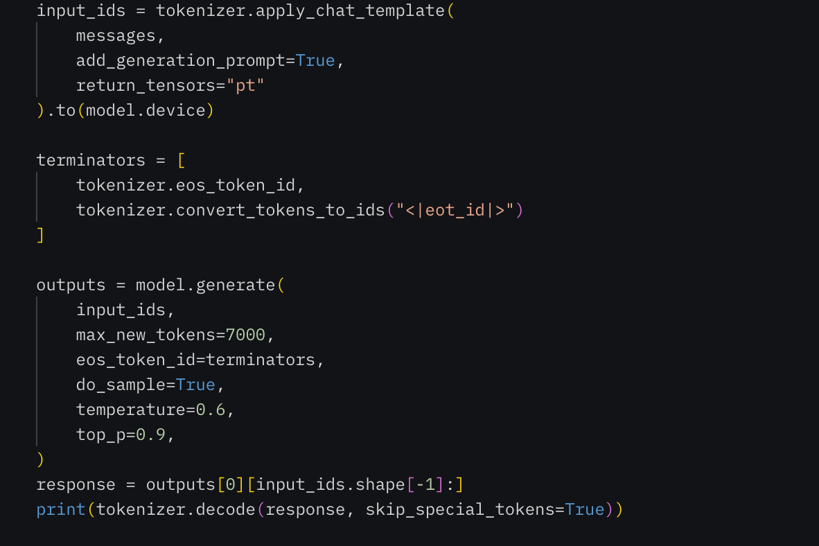 A Python code snippet showing how to generate text using a language model. The script applies a chat template, defines terminator tokens, and calls model.generate() with parameters such as max_new_tokens=7000, temperature=0.6, and top_p=0.9. The output is decoded and printed, demonstrating response generation and token handling in a conversational AI setup.