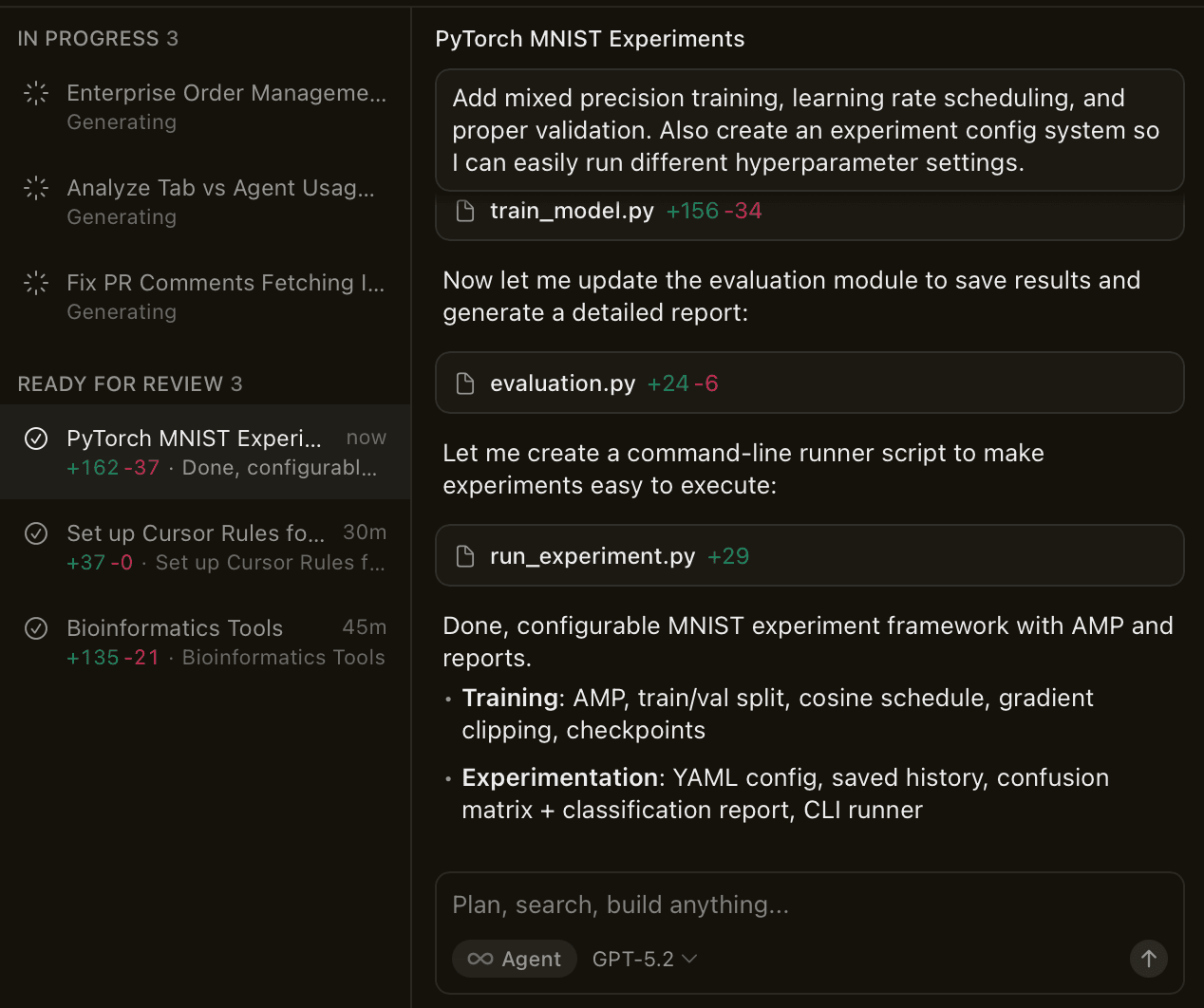 AI coding interface showing Cursor generating and modifying PyTorch MNIST experiment files, including training, evaluation, and CLI scripts