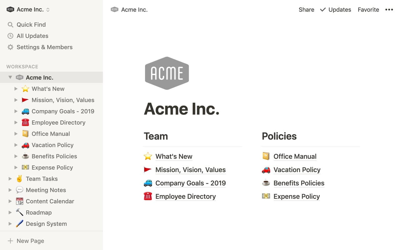 A digital workspace for Acme Inc. with sections for team updates and company policies, featuring a sidebar navigation menu.
