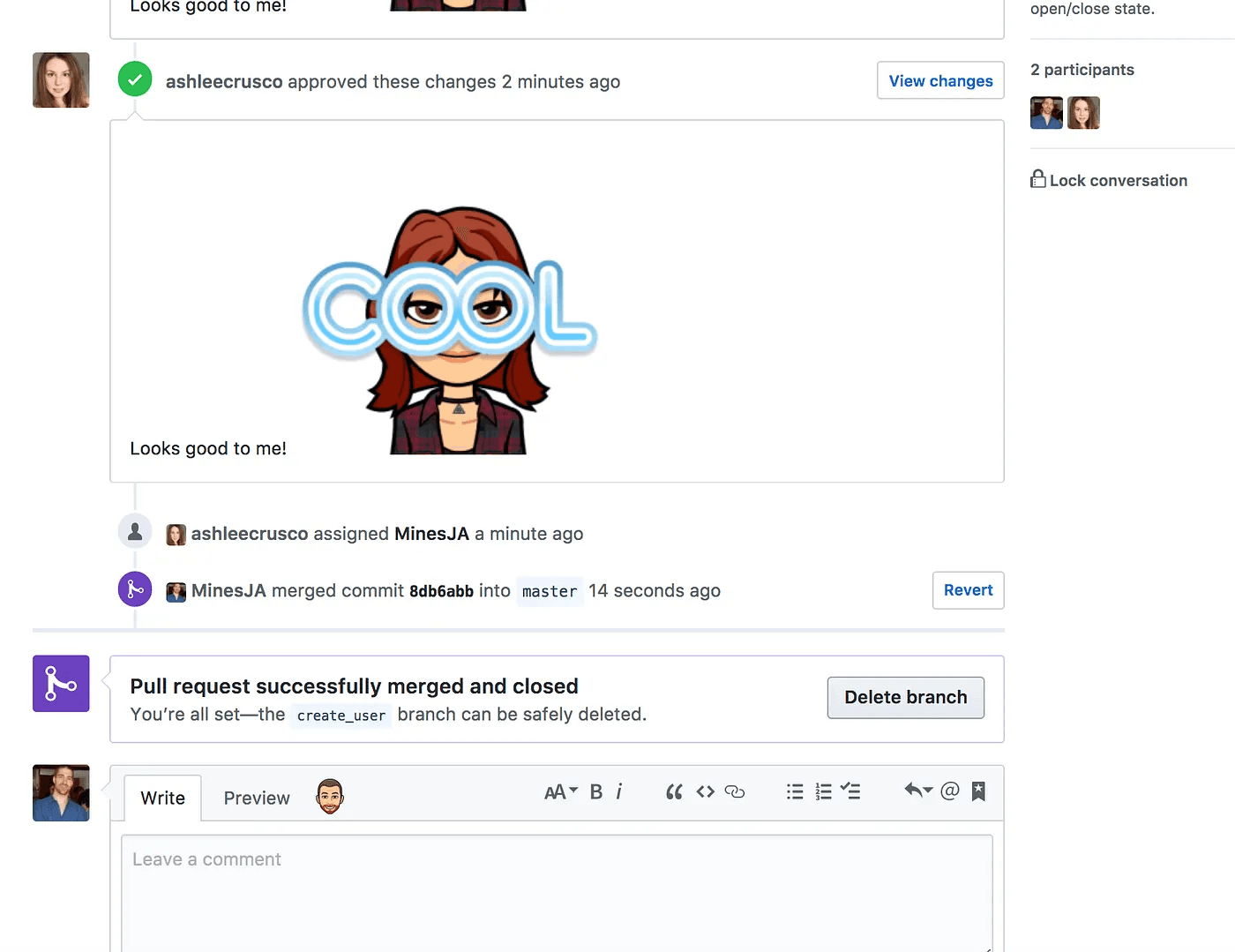 A screenshot of a pull request on GitHub, featuring a cartoon avatar with "COOL" text and notifications about merges and approvals.