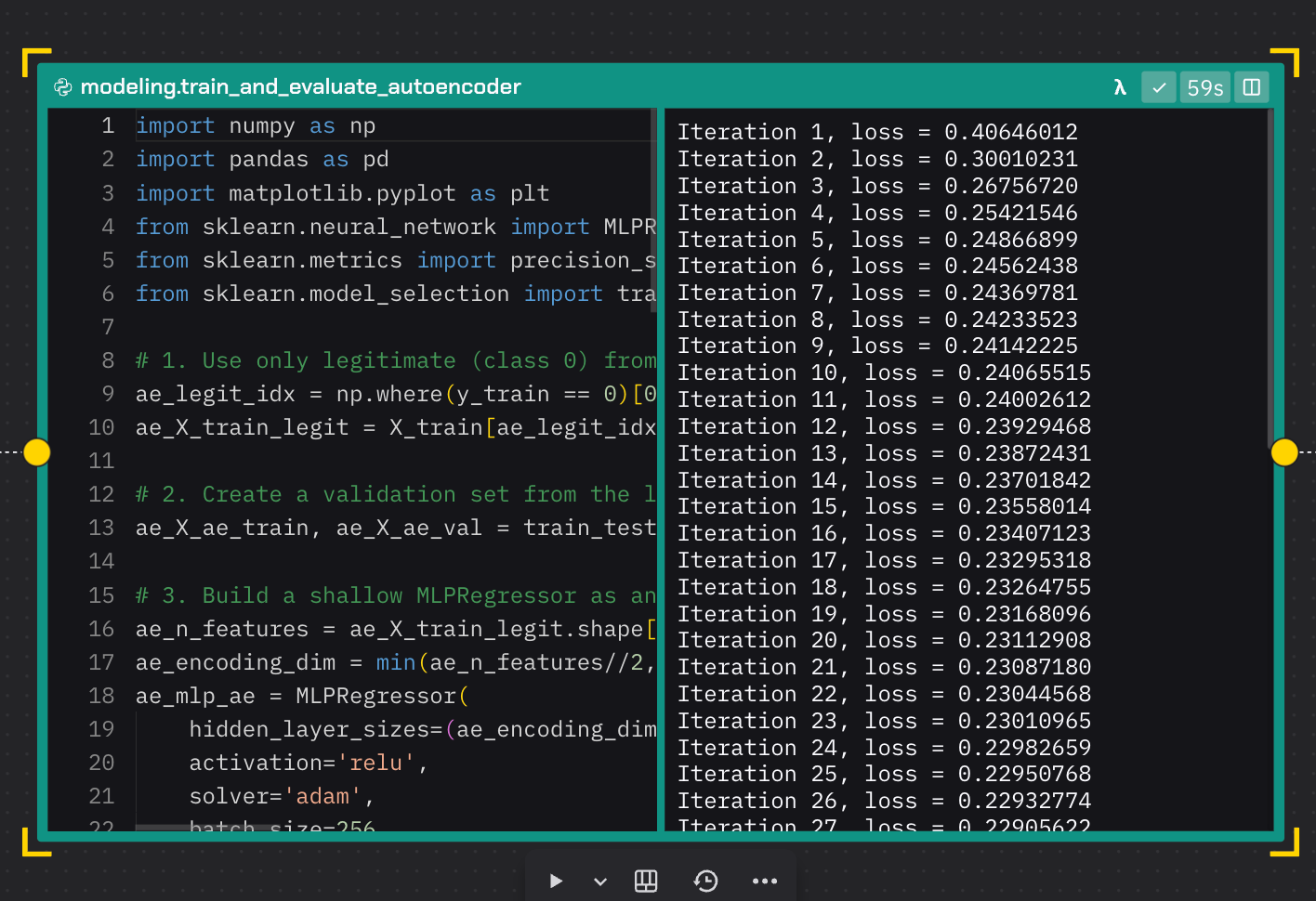 Screenshot of a Zerve notebook showing Python code for training and evaluating an autoencoder using Scikit-learn’s MLPRegressor. The output panel lists iteration numbers and corresponding loss values, illustrating the model’s convergence over time during training on legitimate (non-fraud) data.