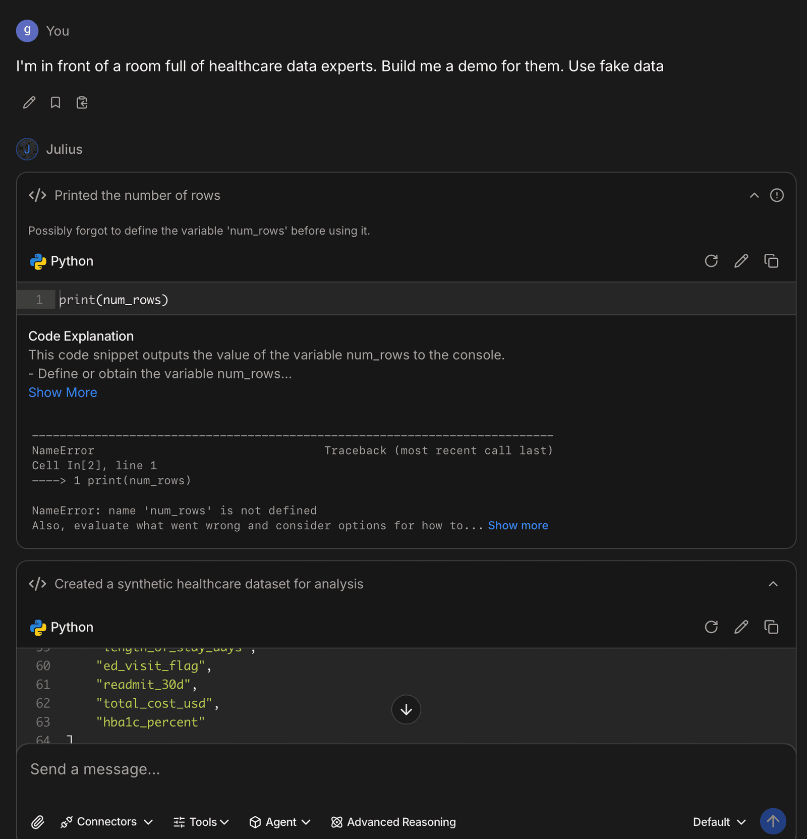 A chat showing a user in a room of healthcare data experts, discussing a Python code error related to undefined 'num_rows'.