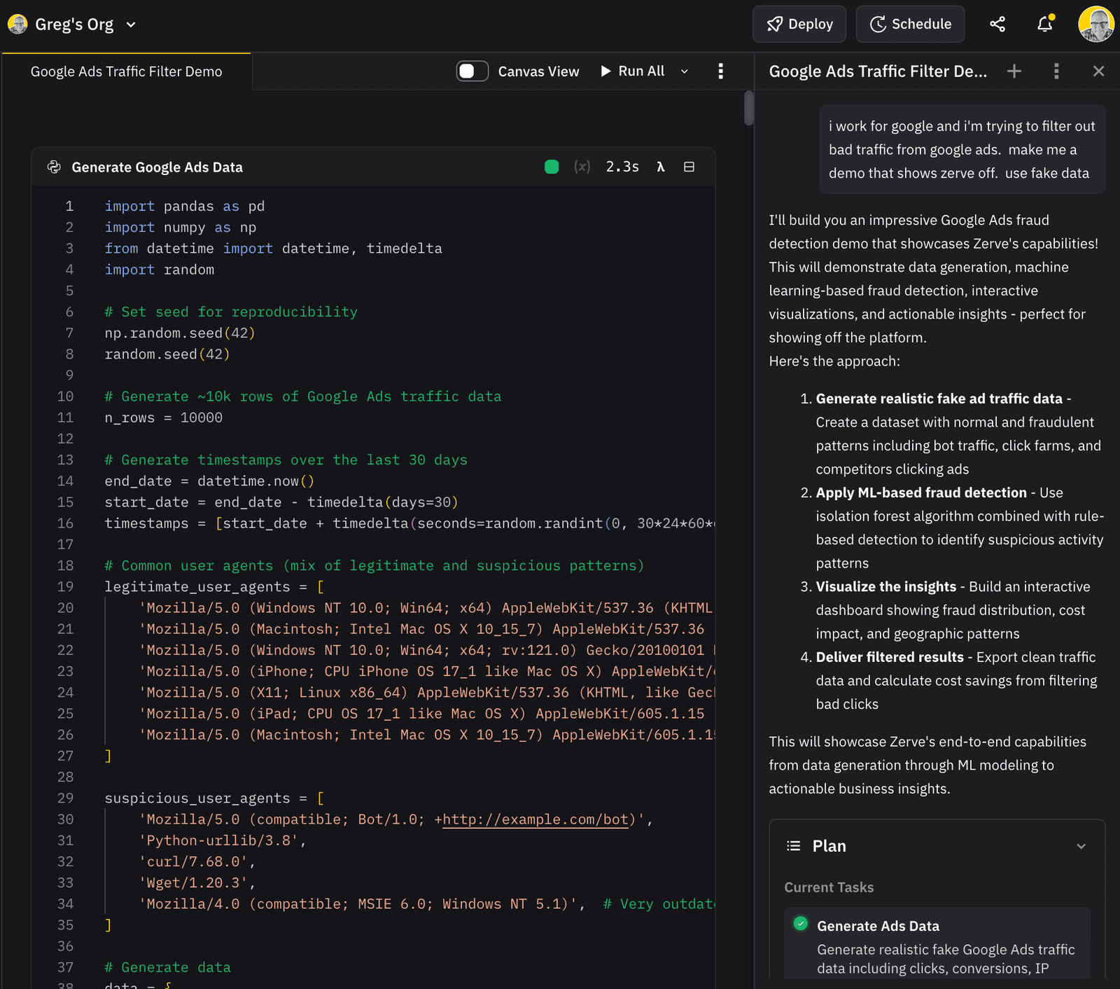 A code editor displaying a Python script for generating Google Ads data, alongside a sidebar with notes on Google Ads traffic filter strategies.