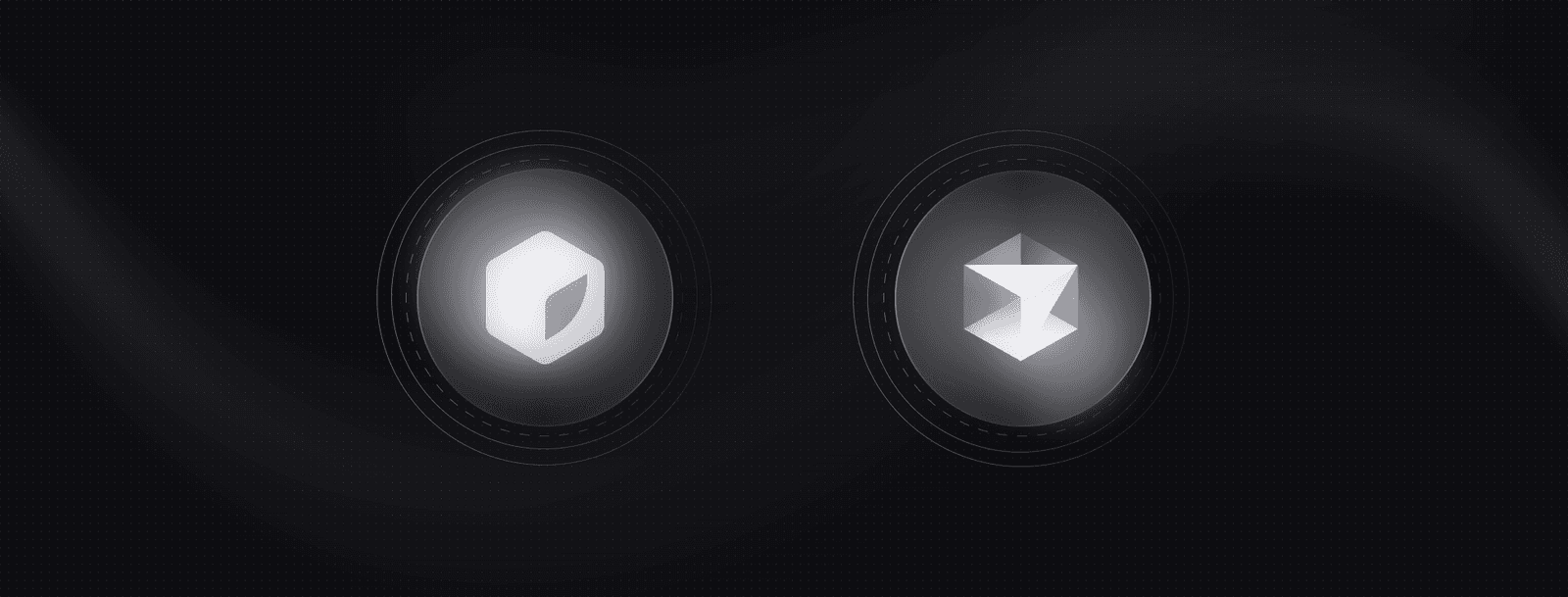 Abstract geometric shapes with glowing effects on a dark background, featuring a hexagon and a cube within illuminated circles.