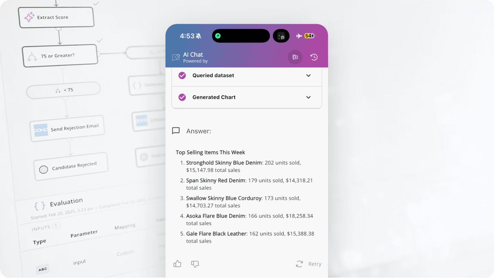 Mobile app interface showing AI chat results with a list of top-selling jeans, including brands like Stronghold and Salvage, and units sold.