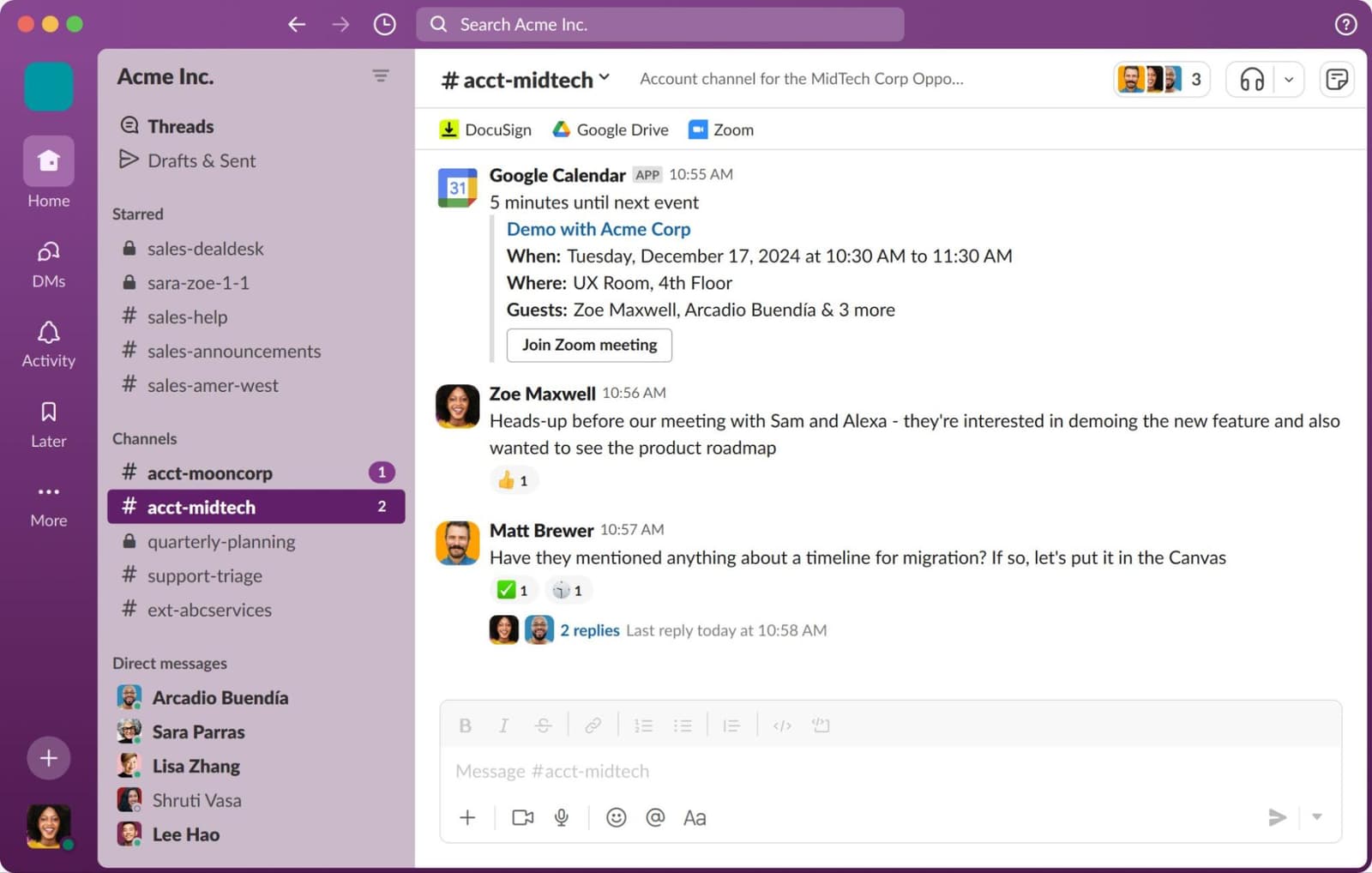A Slack chat window with messages discussing a meeting, an event invite preview, and a sidebar with channels and user names.