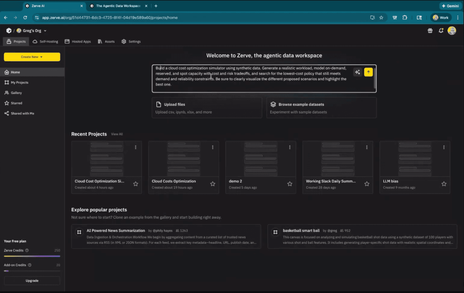 Screenshot of a dark-themed data workspace interface with options to upload files, browse datasets, and view recent and popular projects.