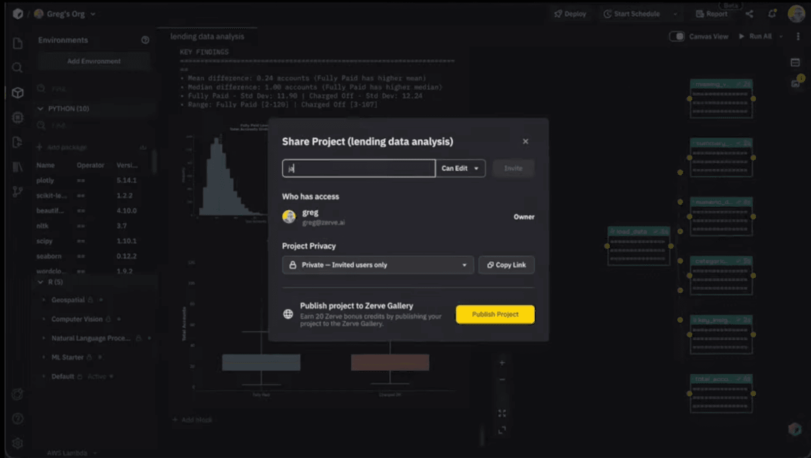 Popup window titled "Share Project" over a data analysis dashboard with charts, offering sharing options and privacy settings.