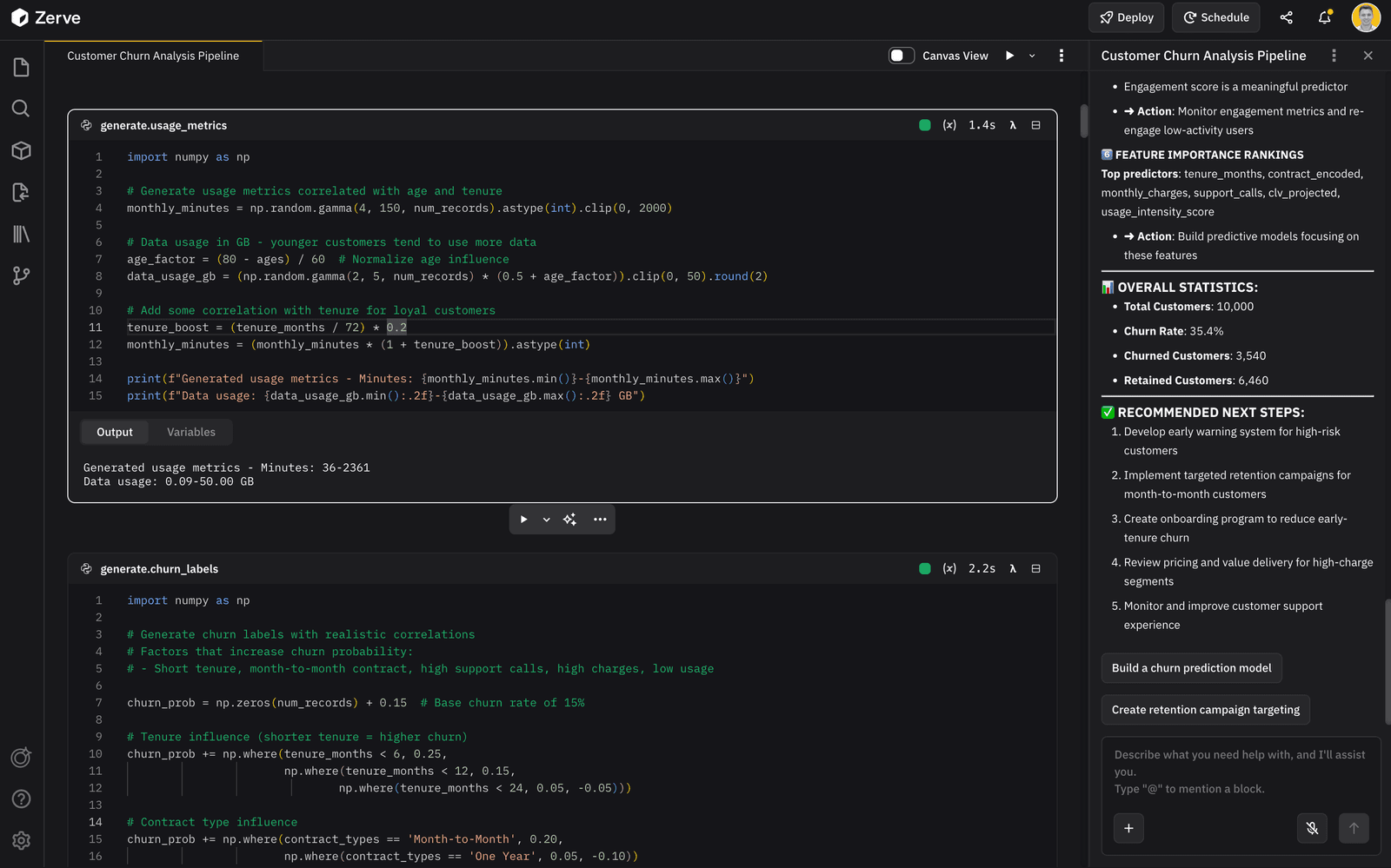 Code editor displaying Python scripts for generating usage metrics and churn labels, with a sidebar showing project management tasks and statistics.