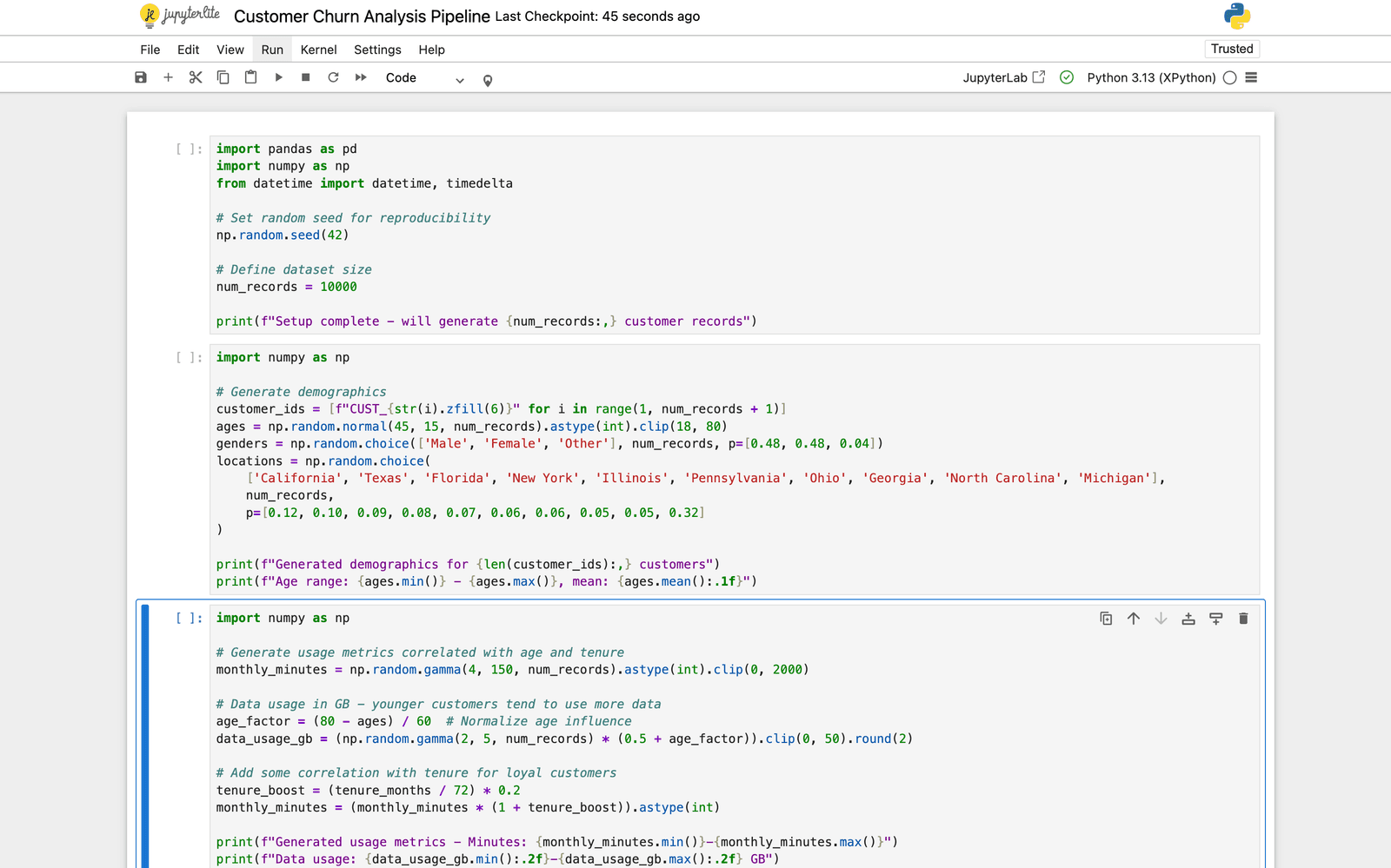 Screenshot of a Jupyter Notebook showing code for generating customer demographics and churn data using pandas and numpy libraries.