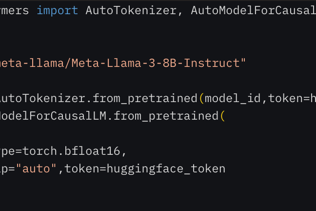 A close-up screenshot of Python code importing AutoTokenizer and AutoModelForCausalLM from the Hugging Face Transformers library. The code loads the model "meta-llama/Meta-Llama-3-8B-Instruct" using from_pretrained, with parameters for data type and Hugging Face authentication token.
