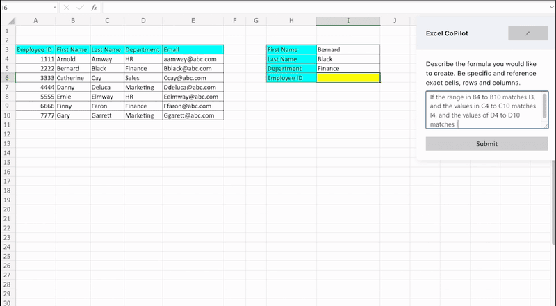 Spreadsheet showing employee data with columns for ID, names, department, and email. Lookup formula in adjacent cells highlights a finance employee.