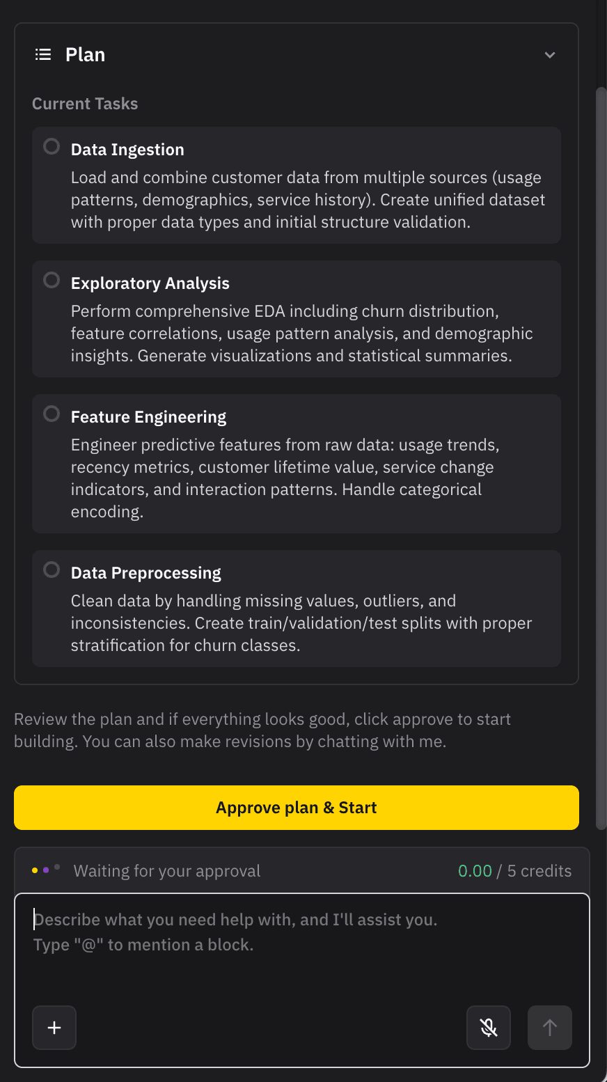 Screenshot of a project planning tool with sections for data ingestion, exploratory analysis, feature engineering, and data preprocessing.
