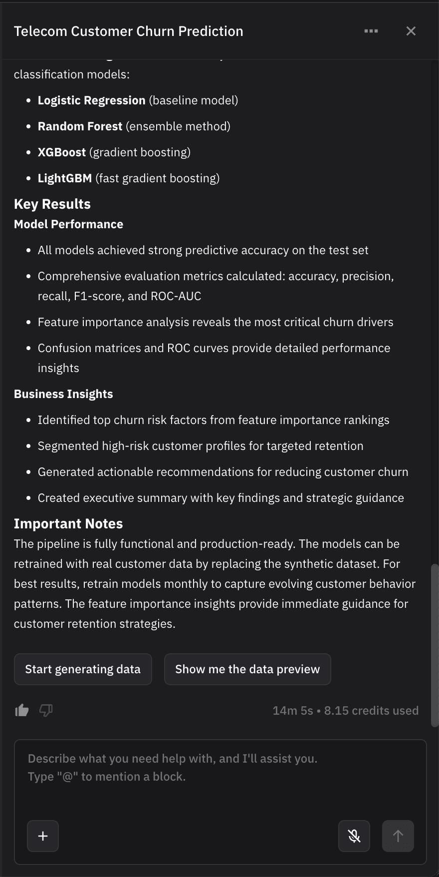 Dark interface displaying a report on Telecom Customer Churn Prediction, detailing models used, key results, insights, and notes for improvement.