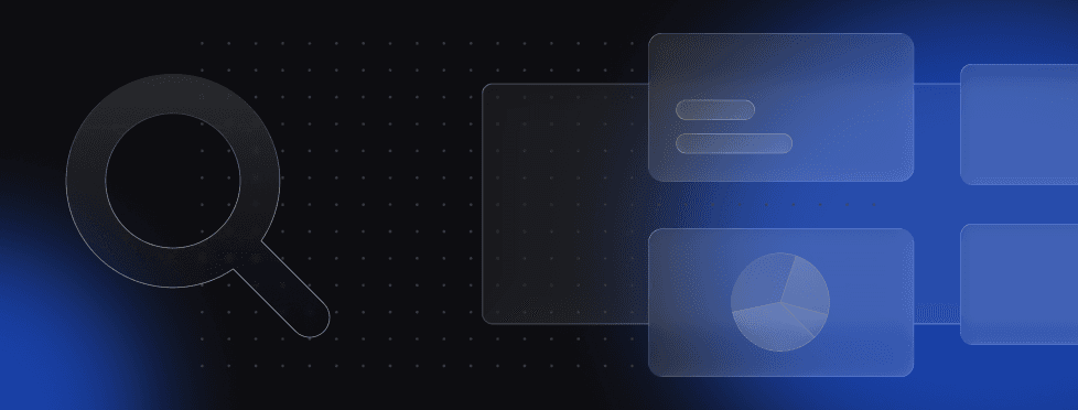 Abstract image with a gradient blue and black background, featuring a large magnifying glass icon and overlapping translucent charts.