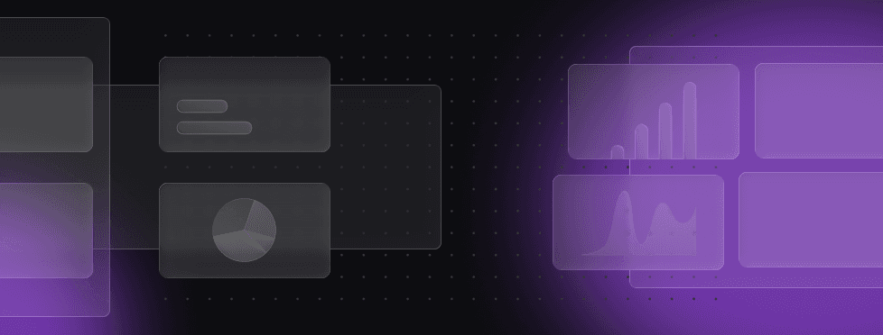 Abstract dashboard with charts and graphs on a black and purple background, featuring overlapping translucent panels.