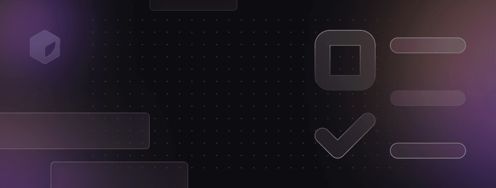 Abstract digital background with a grid pattern, geometric shapes, and icons of a square and a checkmark against a gradient of dark colors.