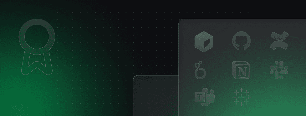 Dark background with technology icons, including GitHub, Notion, and Slack, arranged on overlapping panels with a green gradient.