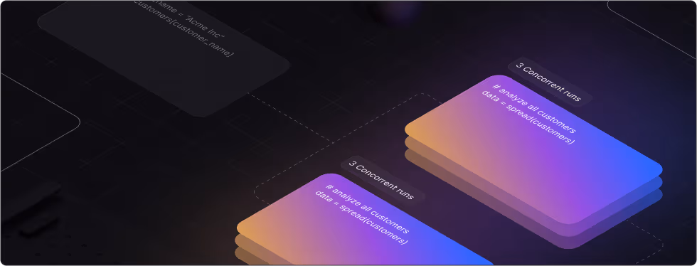 A visual of overlapping gradient blocks labeled “3 Concurrent runs” and “analyze all customers data = spread(customers)” on a dark grid background, representing parallel data processing in Zerve.