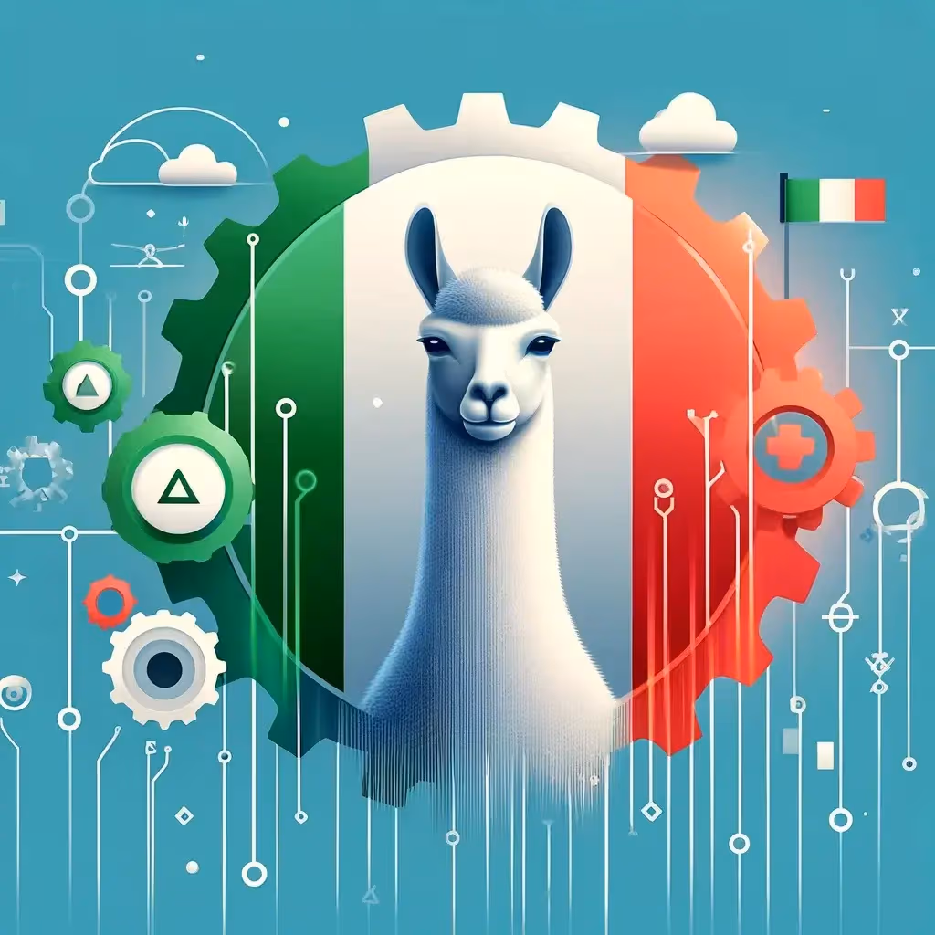 A stylized digital illustration of a llama centered against a background resembling the Italian flag with green, white, and red gears. Surrounding it are abstract icons, circuits, and clouds, representing AI technology, data processing, and system engineering.