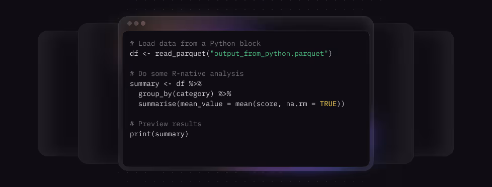 Code snippet showing R script performing data analysis on a dataset loaded from a Python block, demonstrating cross-language interoperability within Zerve.