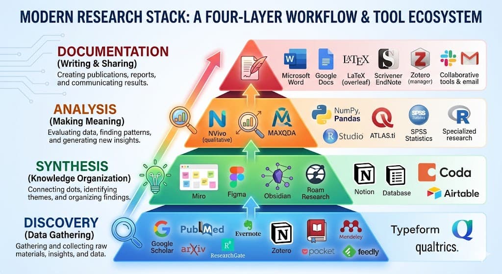 Infographic depicting a four-layer modern research stack: Documentation, Analysis, Synthesis, and Discovery, with common tools shown for each stage.