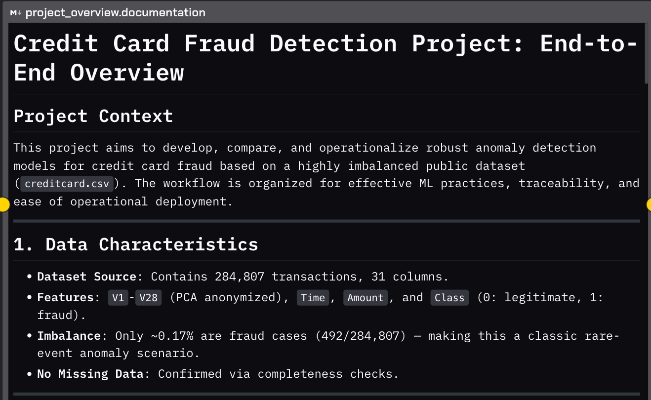 Screenshot of a project documentation notebook titled “Credit Card Fraud Detection Project: End-to-End Overview.” The text describes the project’s context and dataset characteristics, detailing that it uses 284,807 transactions with 31 columns, features V1–V28, Time, Amount, and Class. It highlights data imbalance with only 0.17% fraud cases and confirms there is no missing data.