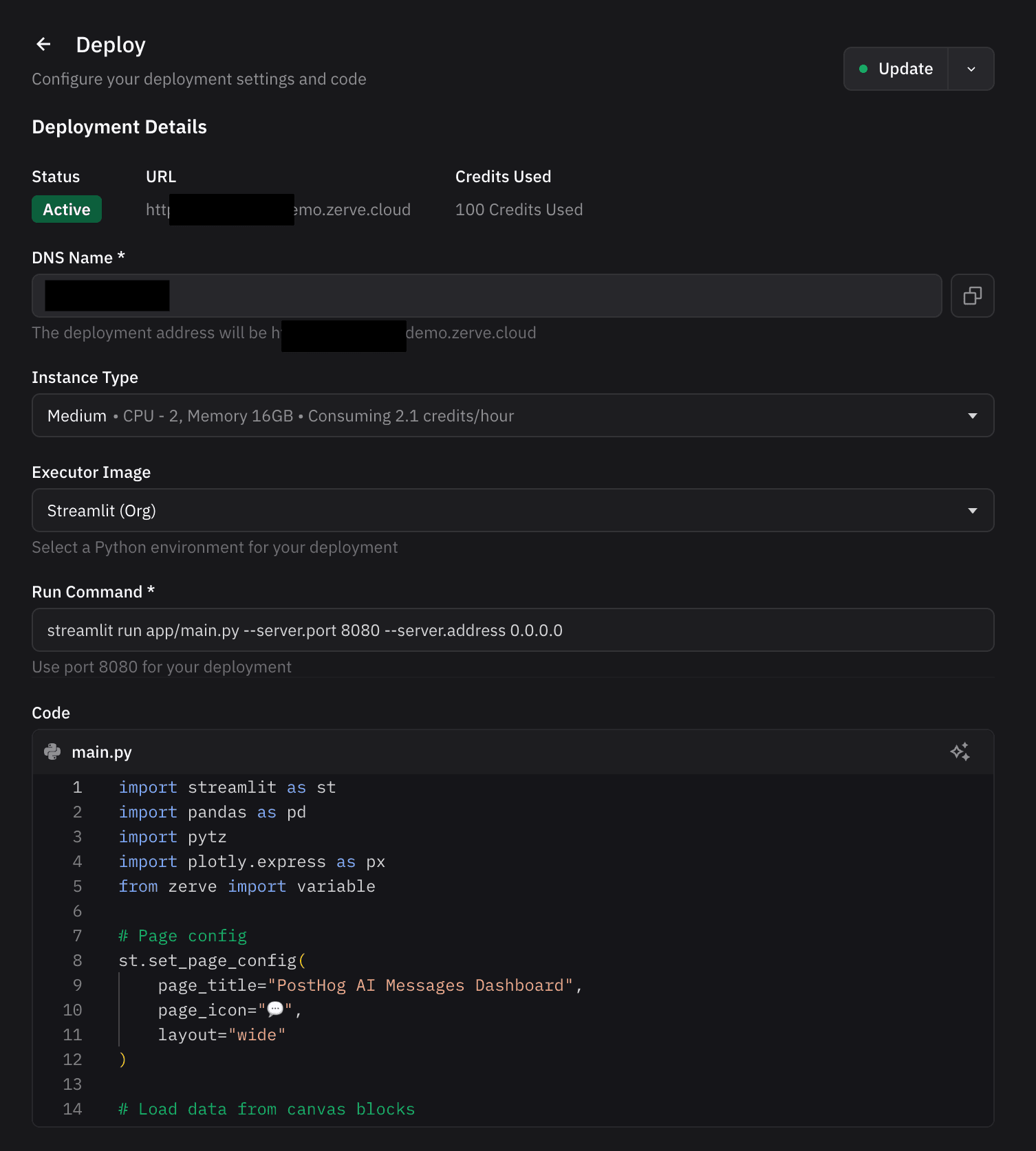 Screenshot of a deployment settings dashboard showing deployment details, instance type, and code snippet for deploying an app with Streamlit.