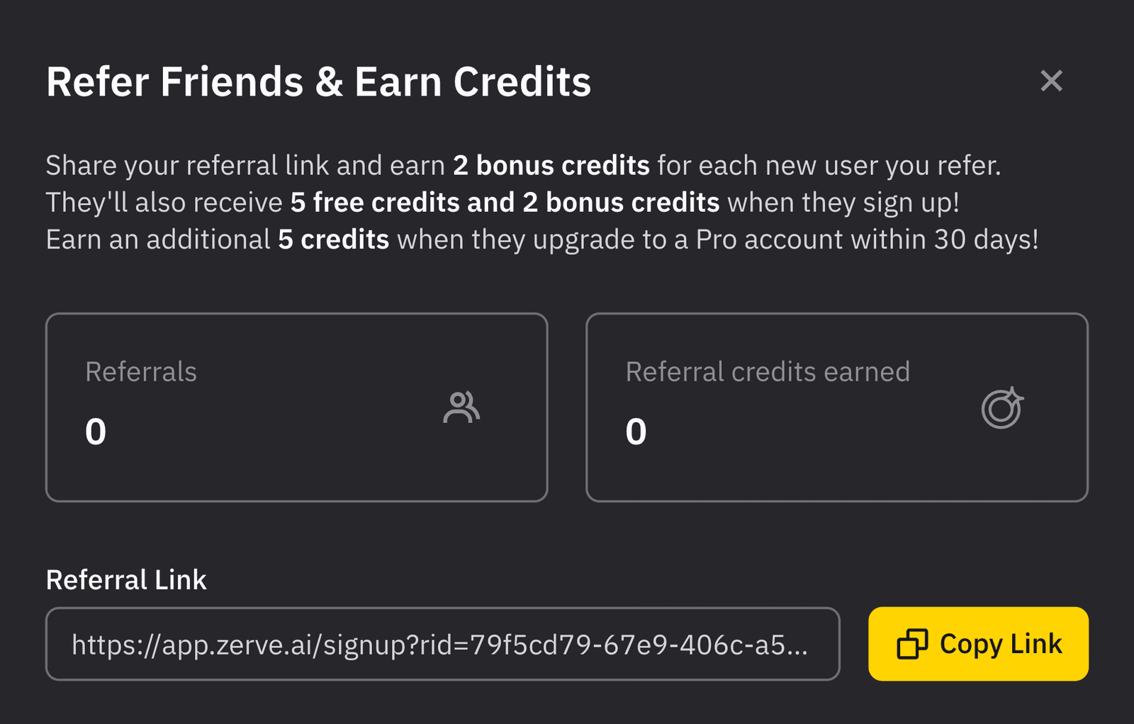 Referral program interface showing credits earned and a referral link with a "Copy Link" button.