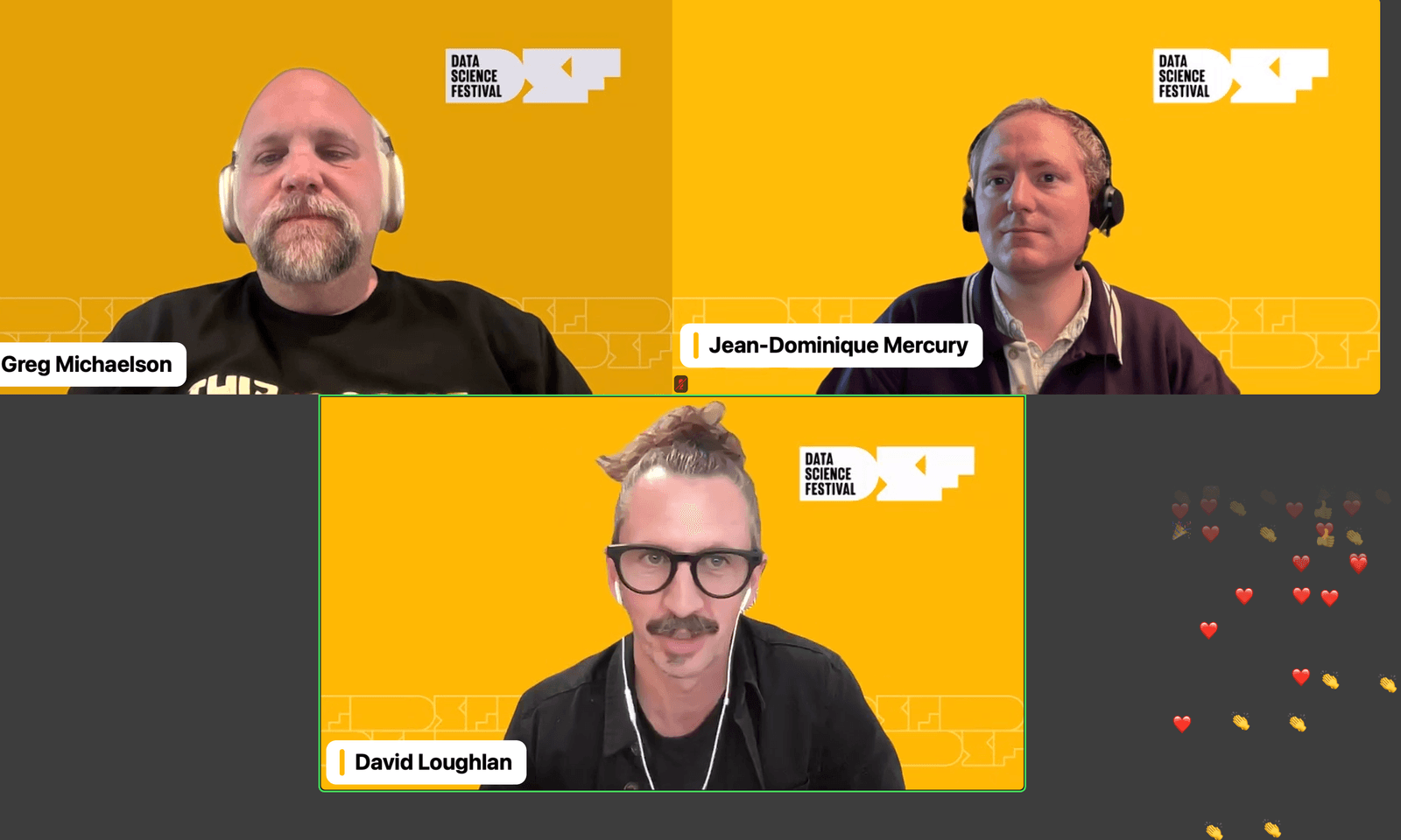 Greg Michaelson, Jean-Dominique Mercury, and David Loughlan speaking during the Data Science Festival Sandbox Session, each appearing in separate video frames against bright yellow backgrounds featuring the Data Science Festival logo.