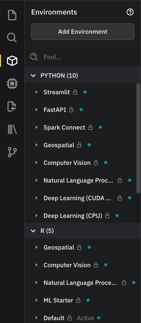 Screenshot of a software interface showing environments for Python and R, with categories like Streamlit, FastAPI, and Geospatial.