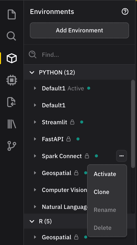 Screenshot of a development environment interface showing options for Python and R environments, with a menu for activating or managing them.
