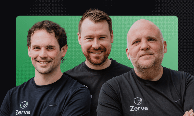 Three smiling men wearing black Zerve shirts, posed together against a green rounded-rectangle backdrop.