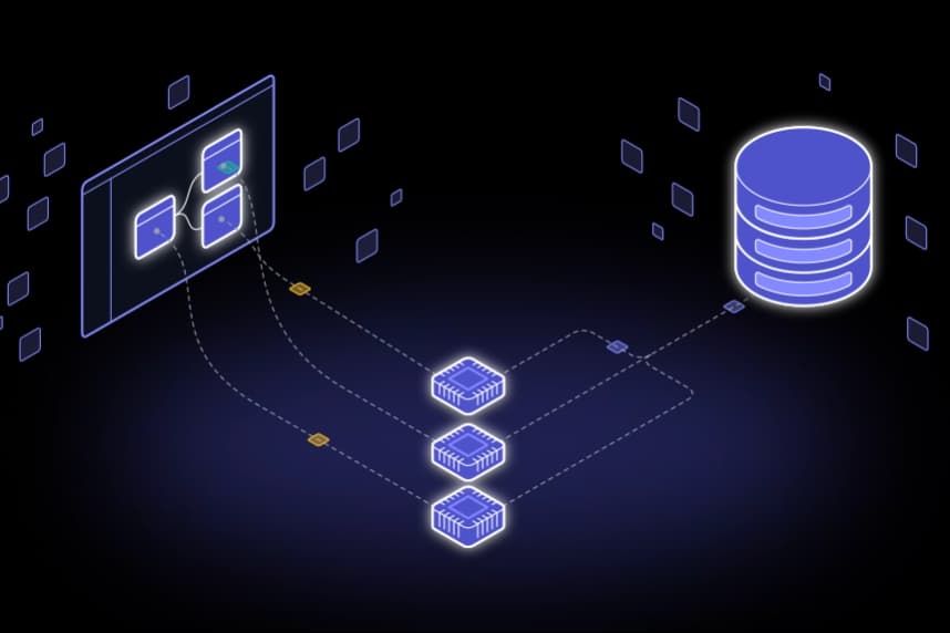 A dark-themed illustration showing a visual data workflow. On the left, a digital interface displays connected nodes representing data processes. Three glowing processors in the center connect to a large database icon on the right, symbolizing data computation and flow between systems.
