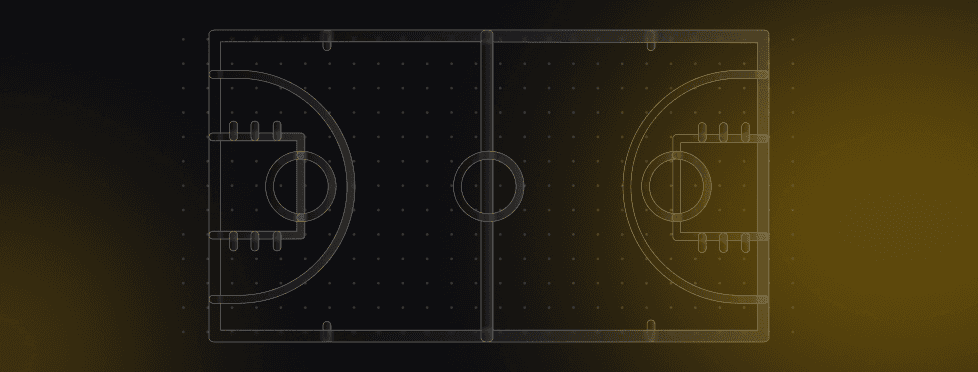 A blueprint-style illustration of a basketball court on a dark, gradient background, highlighting the central circle and key areas.