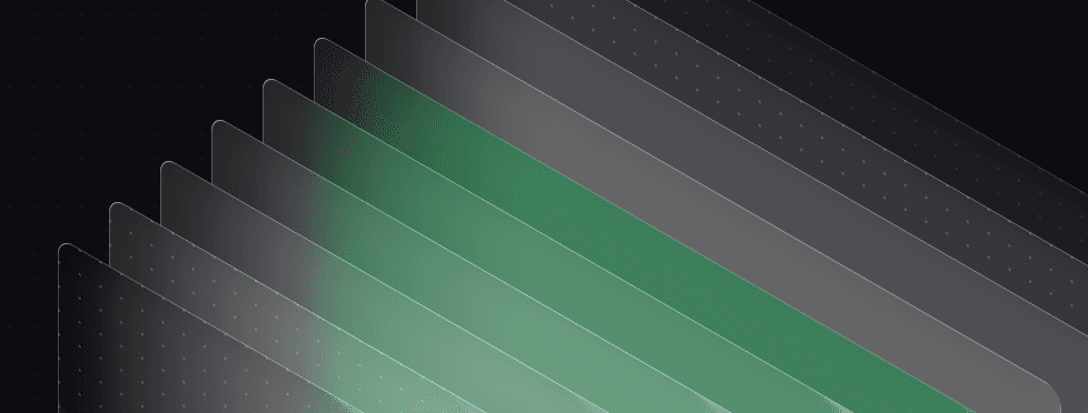 Abstract diagonal layered translucent panels in green and gray over a dark dotted background.
