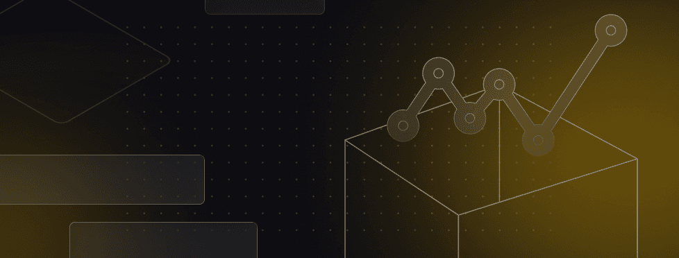 Abstract image with geometric shapes, including a graph-like structure emerging from a box, set against a dark gradient background.