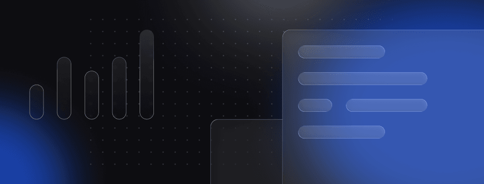 Abstract tech background with transparent graphs, lines, and shapes on a dark, dotted grid. Blue highlights add a digital feel.