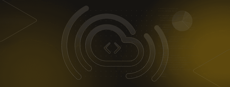 Cloud with code brackets and signal waves on a dark background, alongside a faint pie chart and dotted lines.