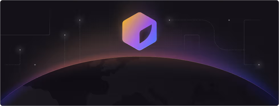 A stylized Zerve logo glowing in purple and gold above a dark, curved horizon with soft light gradients, representing innovation and global connectivity.