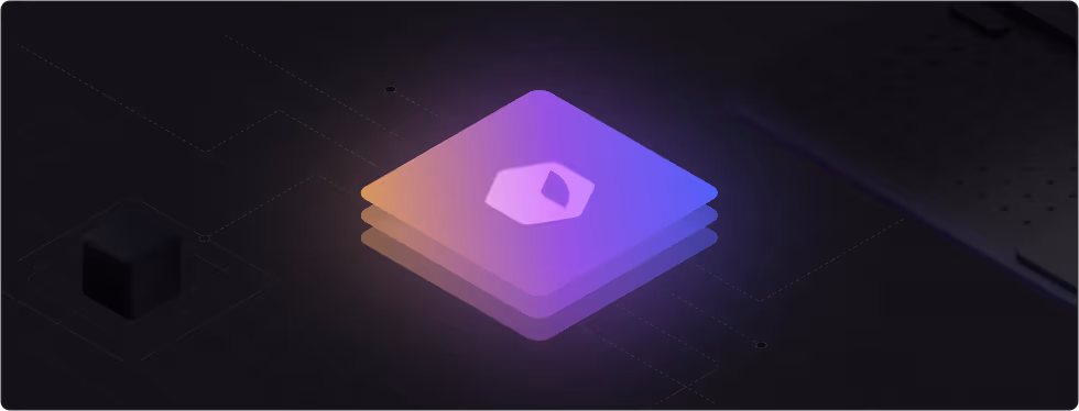 Abstract digital artwork showing a glowing, stacked gradient tile with a hexagonal logo in the center, symbolizing layered data processing or AI infrastructure.