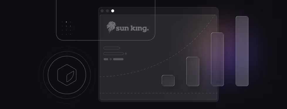 Stylized dashboard illustration showing the Sun King logo with rising bar charts and a glowing gradient background, symbolizing data growth and performance visualization within Zerve.