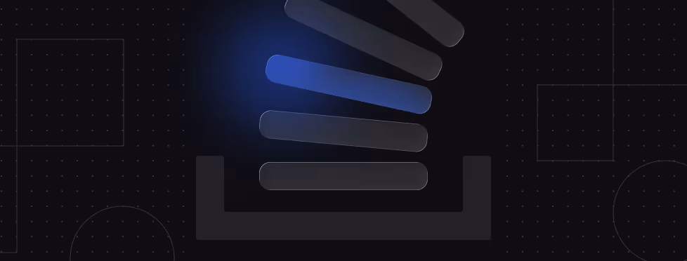 Abstract digital image showing a stack of horizontal bars fanning out from a central base, illuminated with a blue glow on a dark grid background.