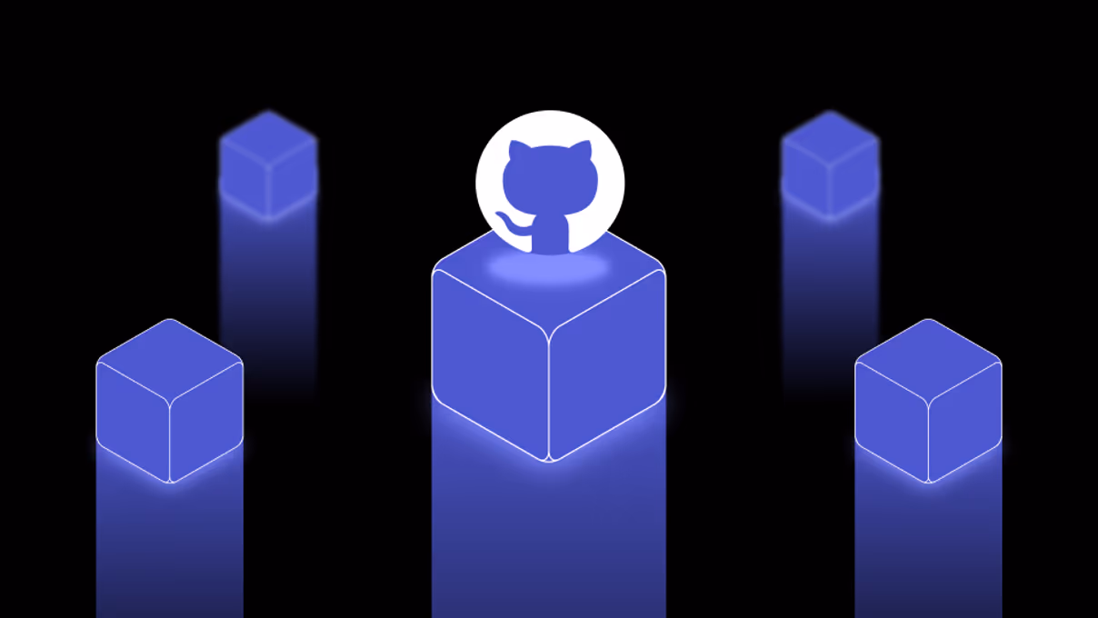 A glowing blue illustration showing the GitHub logo atop a central cube, surrounded by other floating cubes, symbolizing seamless source control and workflow integration within Zerve’s data science environment.