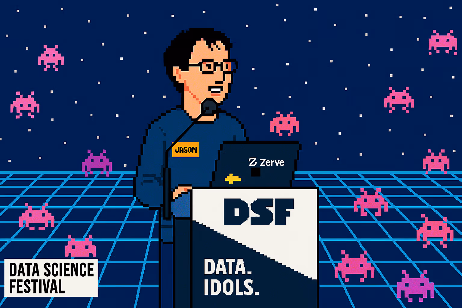 Retro pixel art illustration of a speaker named Jason presenting at the Data Science Festival, standing behind a podium labeled “DSF Data. Idols.” with a Zerve laptop, surrounded by pixelated space invaders on a starry grid background.