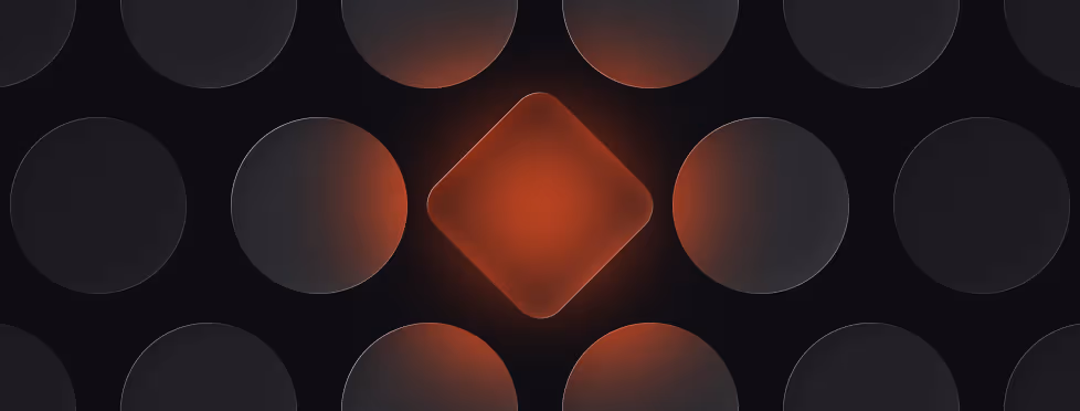 Abstract digital image showing a grid of dark circular nodes with one glowing orange diamond-shaped node in the center, symbolizing focus, activation, or a key process within a system.
