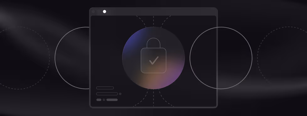 Abstract digital illustration of a browser window with a glowing lock icon in the center, symbolizing data security and privacy, set against a dark background with circular geometric patterns.