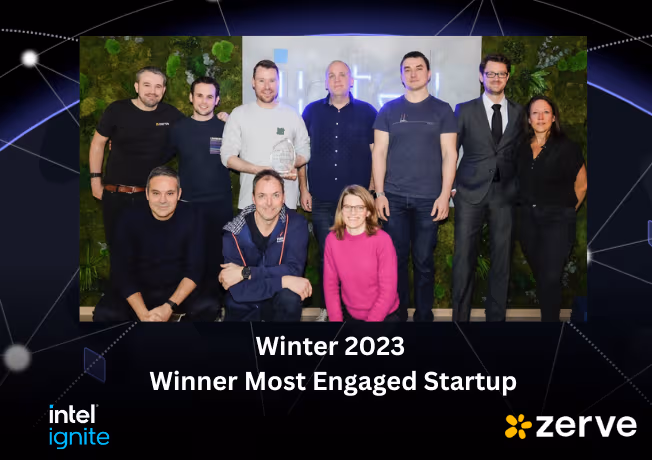 A group photo of the Zerve team standing and kneeling together in front of a green plant wall. The image includes the text “Winter 2023 Winner Most Engaged Startup” with Intel Ignite and Zerve logos at the bottom, celebrating the team’s award recognition.